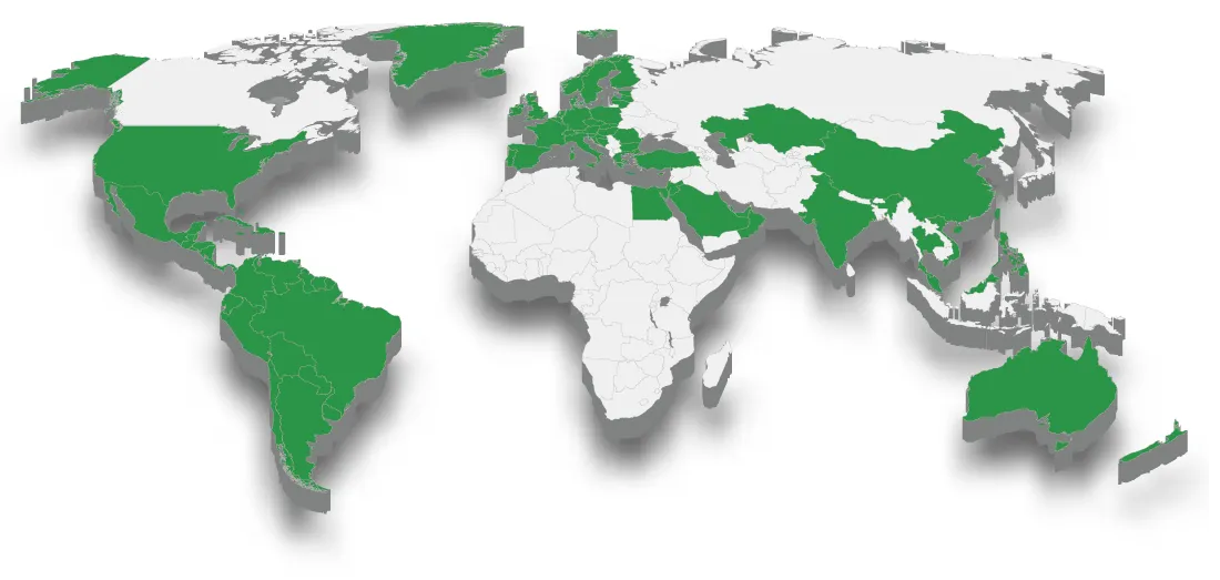 World map showing the locations where Greenwood Power is active. In German: Weltkarte mit jenen Orten, an denen Greenwood Power aktiv ist