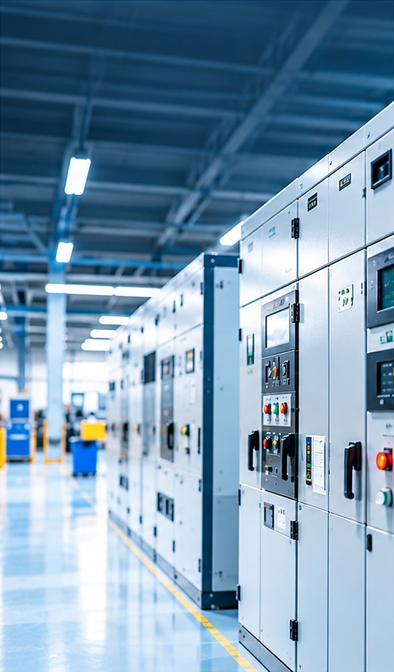 Switchgear panels in a production hall